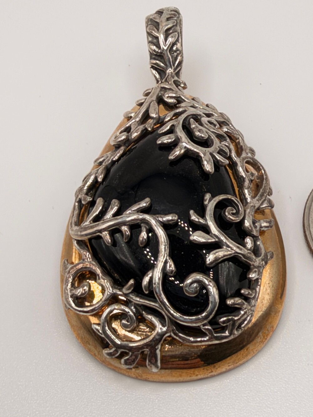 Carolyn Pollack 925 and Brass Black Onyx Pendant Vine Leaf Overlay Quarter Scale - Picture 2 of 8